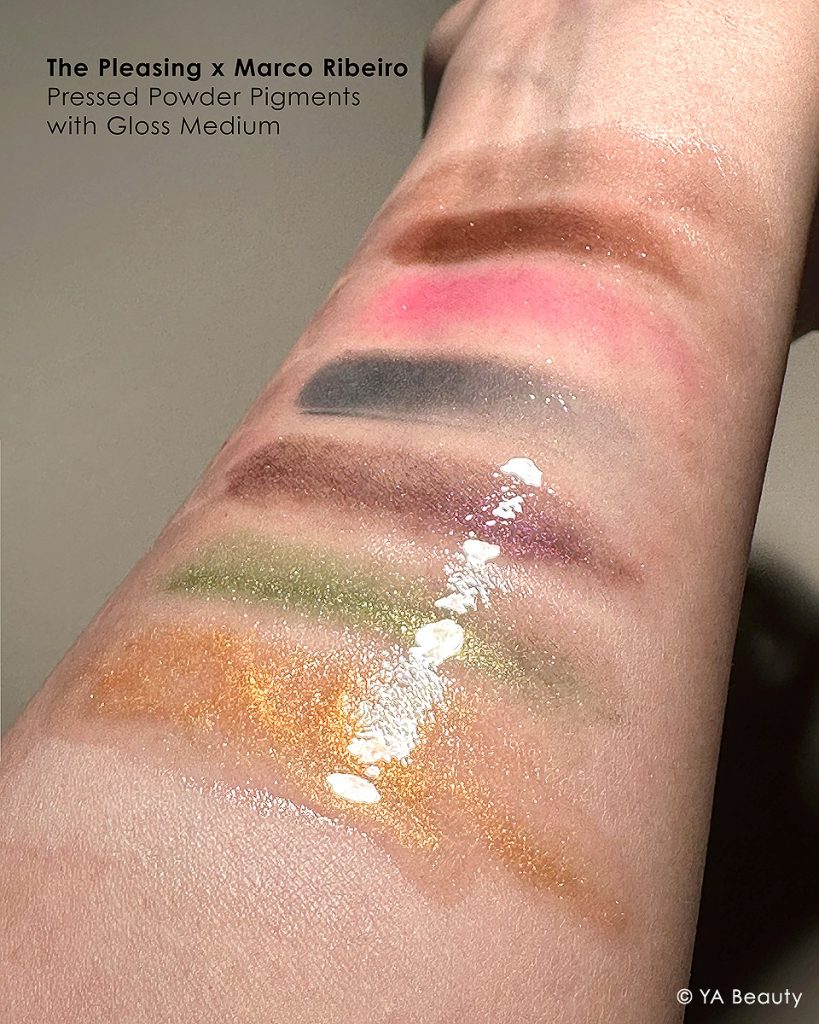 Pleasing by Harry Styles' Marco Ribeiro makeup collaboration Pressed Powder Pigment eyeshadow palette swatch with Gloss Medium