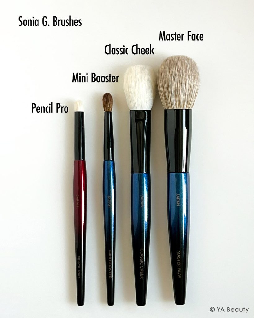 Sonia G makeup brushes Pencil Pro, Mini Booster, Classic Cheek, Master Face photographed on a white background in daylight