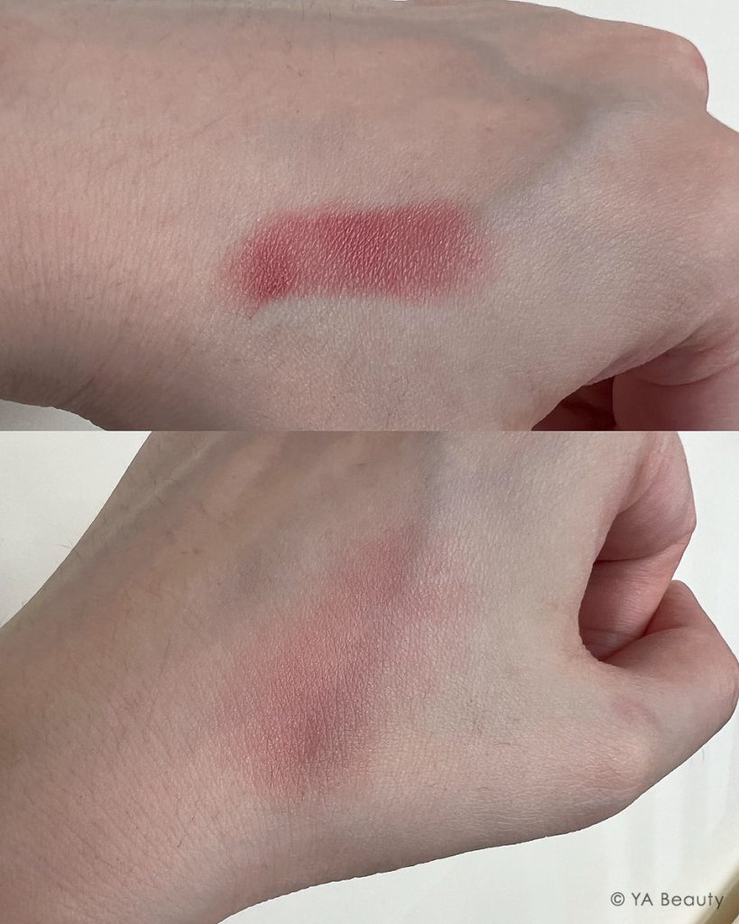 Swatches of Westman Atelier Baby Cheeks Blush Stick in Petal tested on fair to light skintone. 