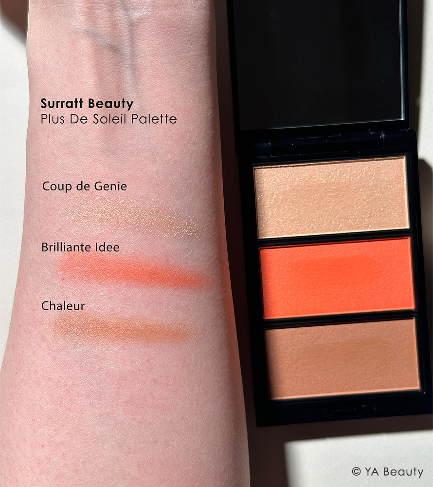 Surratt Beauty Plus de Soleil Blush and Face Palette shade swatch including Brilliante Idee, Coup de Genie, Chaleur