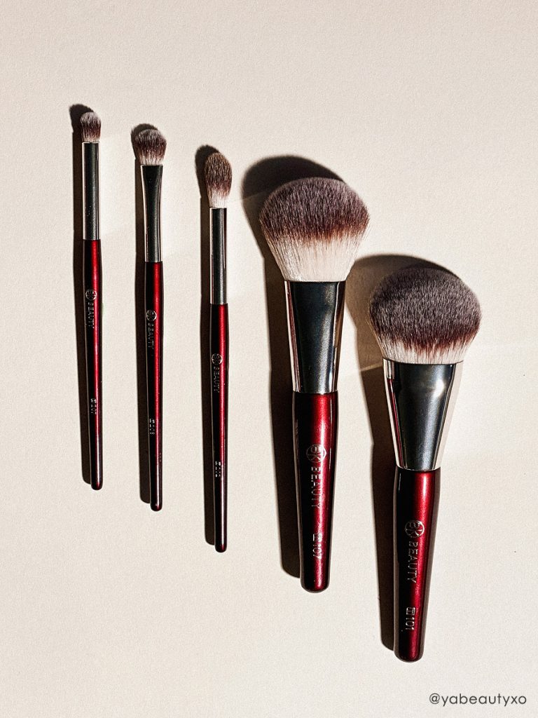 BK Beauty Travel Brush Set featuring the travel version of Contoured Foundation Brush, Flat Blush Brush, Defined Crease Brush, Eyeshadow Shader Brush, and Pencil Blender Brush