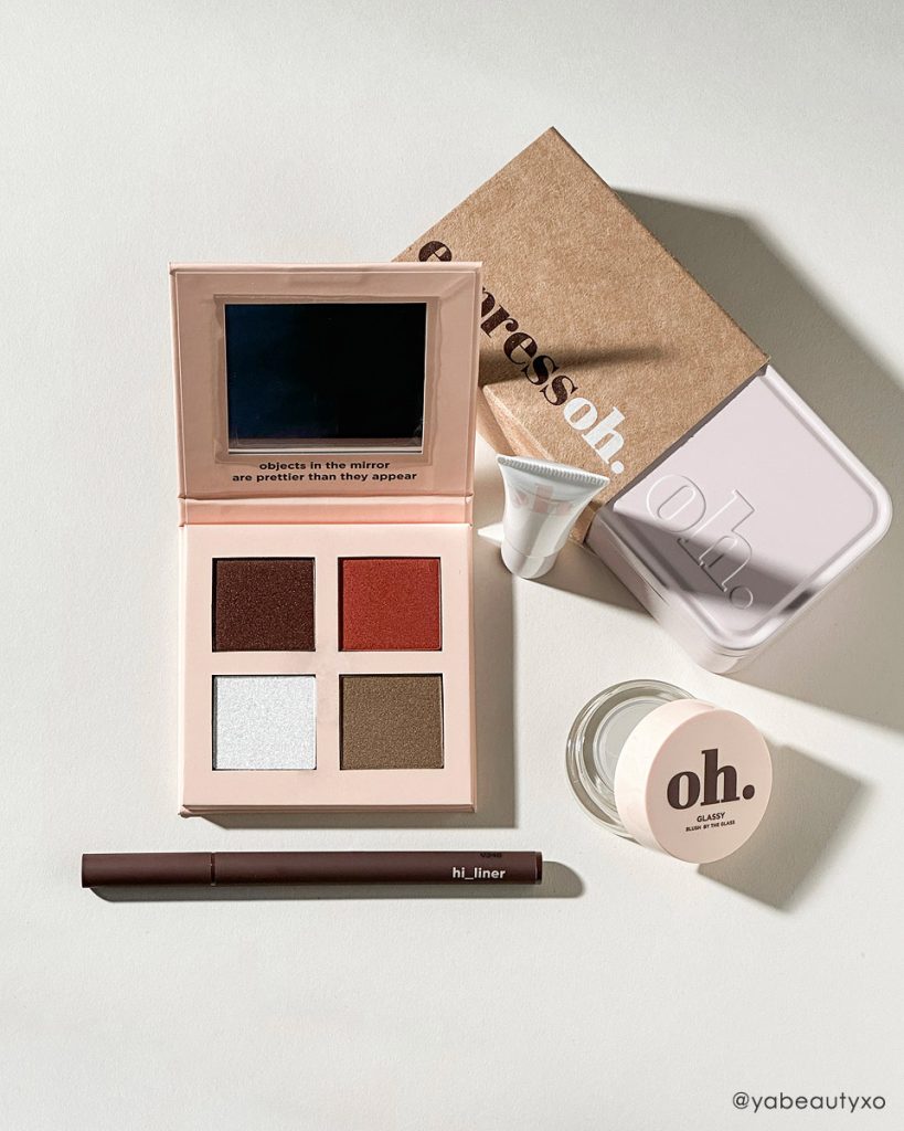 EspressOh Sweet and Sour Eyeshadow Palette, Hi Broh eyebrow fixing gel, hi_liner eyeliner, and Glassy Blush featured in a product editorial photography on white background with dramatic shadows.