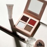 EspressOh Sweet and Sour Eyeshadow Palette, Hi Broh eyebrow fixing gel, hi_liner eyeliner, and Glassy Blush featured in a product editorial photography on white background with dramatic shadows.