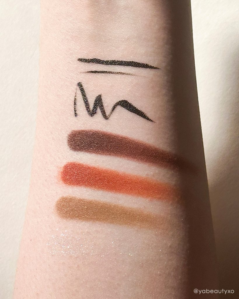 EspressOh Sweet and Sour Eyeshadow Palette and Hi_Liner eyeliner color swatches on an arm in editorial photography on white background with dramatic shadows.